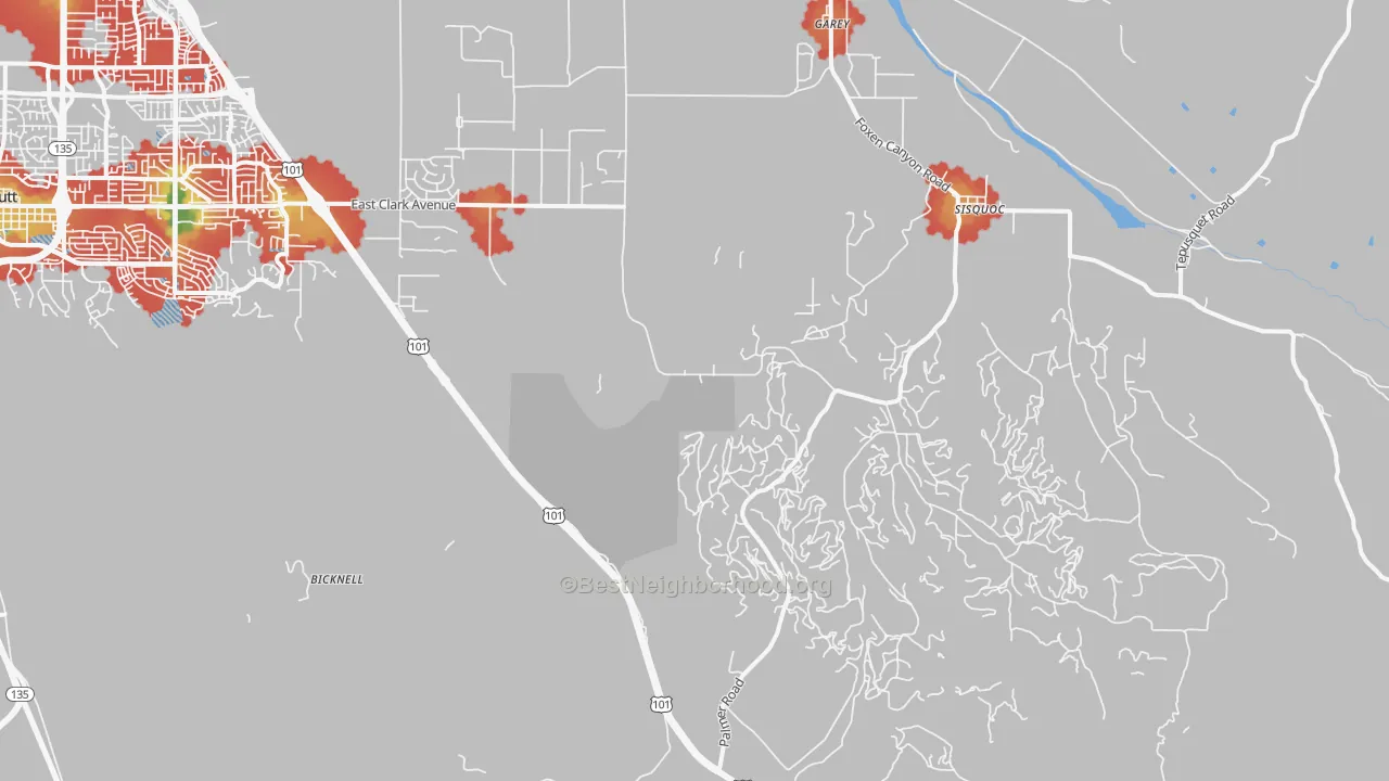 Walk Grade map of Garey, CA, walkable areas in green and car-dependent areas in red