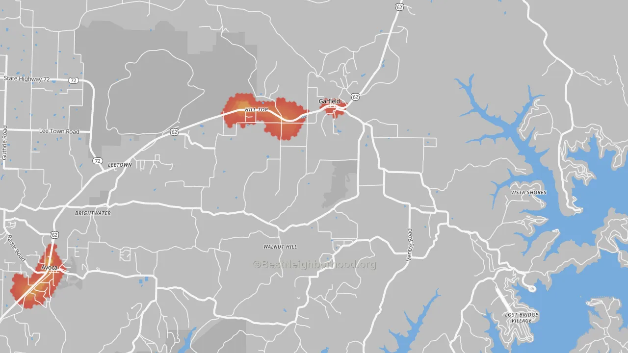 Walk Grade map of Garfield, AR, walkable areas in green and car-dependent areas in red