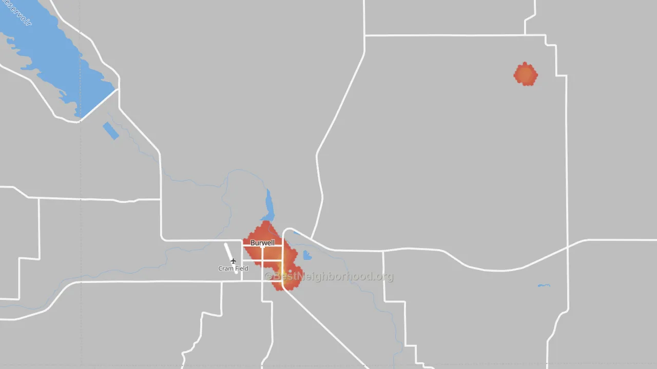 Walk Grade map of Garfield County, NE, walkable areas in green and car-dependent areas in red