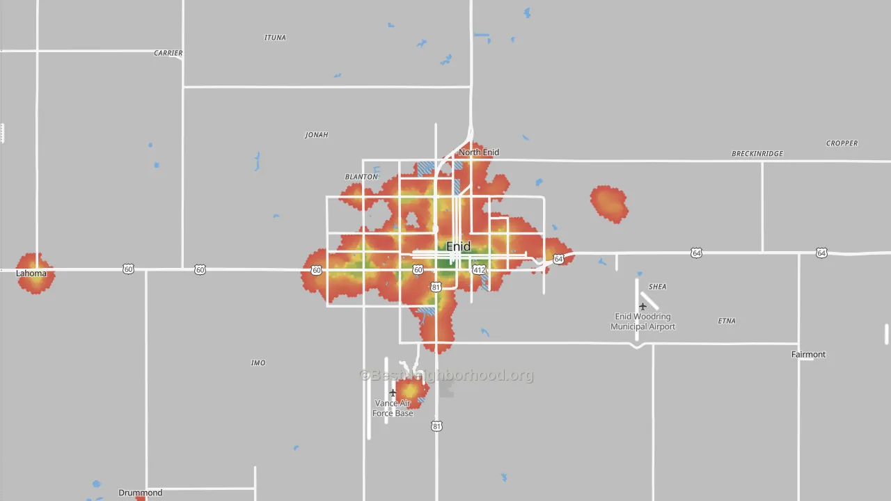 Walk Grade map of Garfield County, OK, walkable areas in green and car-dependent areas in red