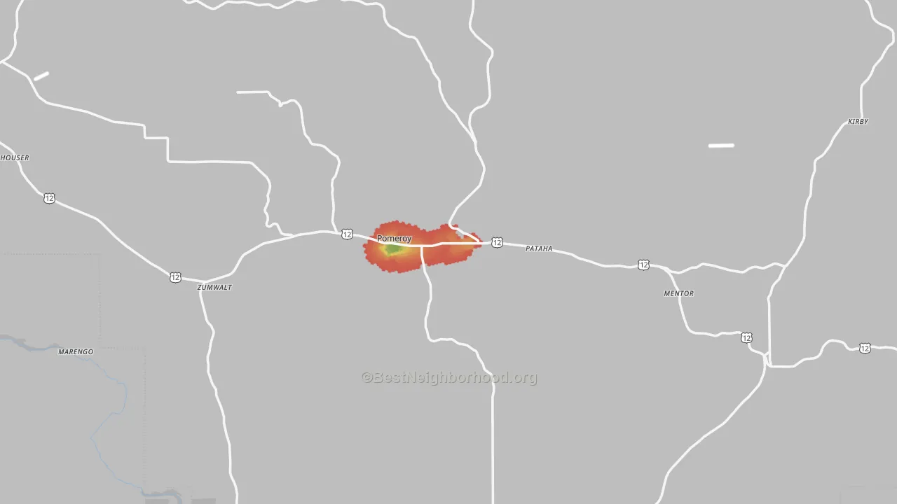 Walk Grade map of Garfield County, WA, walkable areas in green and car-dependent areas in red