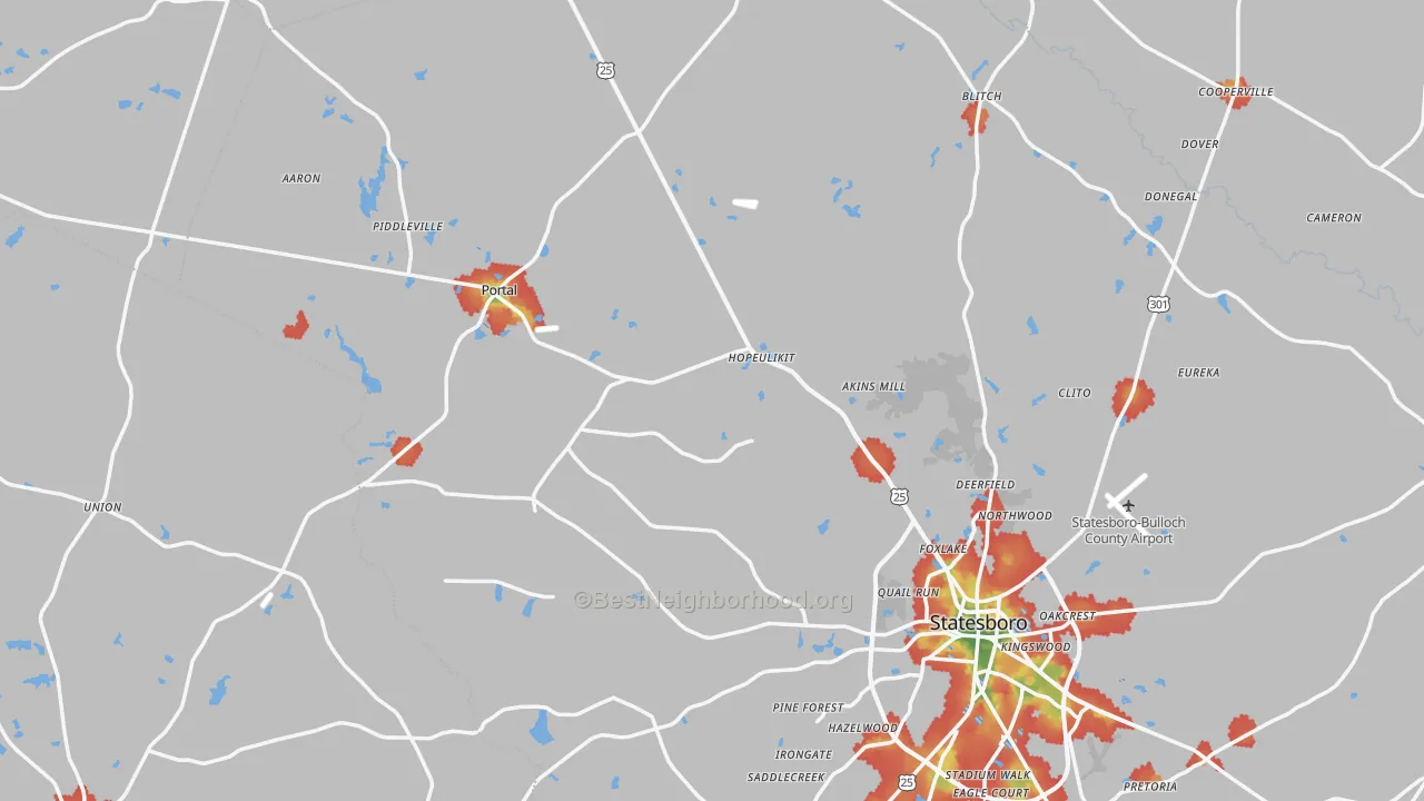 Walk Grade map of Garfield, GA, walkable areas in green and car-dependent areas in red