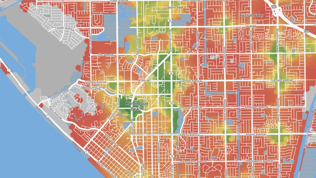 Walk Grade map of Garfield, Huntington Beach, CA, walkable areas in green and car-dependent areas in red