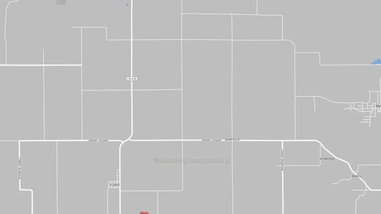 Walk Grade map of Garfield, IA, walkable areas in green and car-dependent areas in red