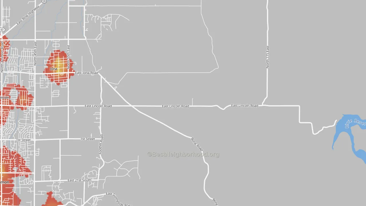 Walk Grade map of Garfield, ID, walkable areas in green and car-dependent areas in red