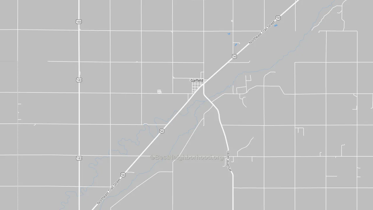 Walk Grade map of Garfield, KS, walkable areas in green and car-dependent areas in red