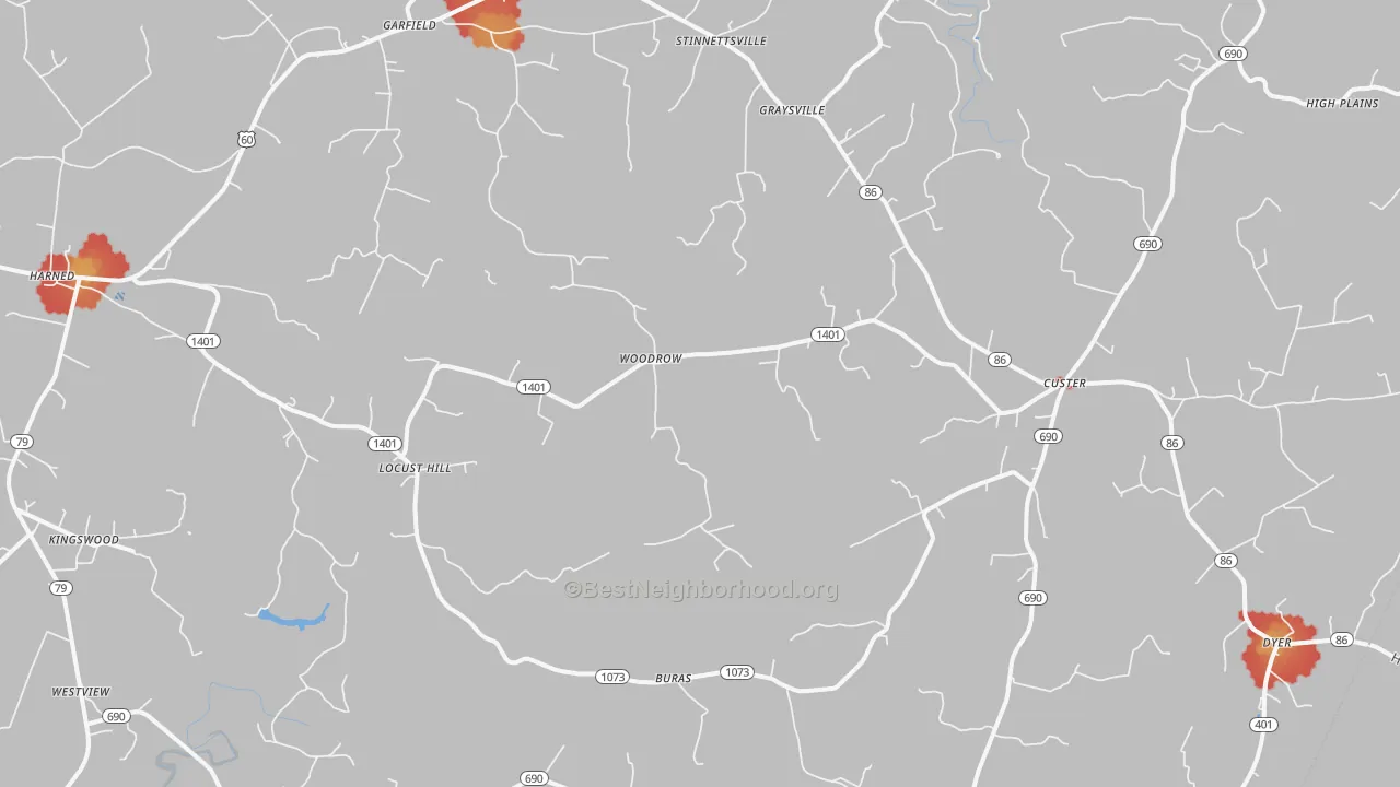 Walk Grade map of Garfield, KY, walkable areas in green and car-dependent areas in red