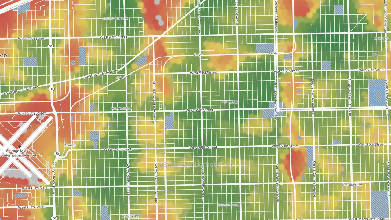 Walk Grade map of Garfield Manor, Chicago, IL, walkable areas in green and car-dependent areas in red