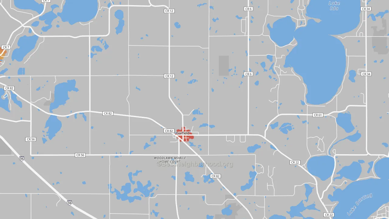 Walk Grade map of Garfield, MN, walkable areas in green and car-dependent areas in red