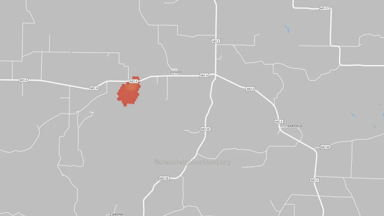 Walk Grade map of Garfield, MO, walkable areas in green and car-dependent areas in red
