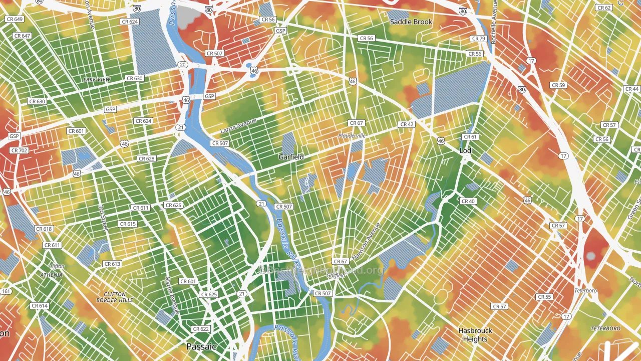 Walk Grade map of Garfield, NJ, walkable areas in green and car-dependent areas in red