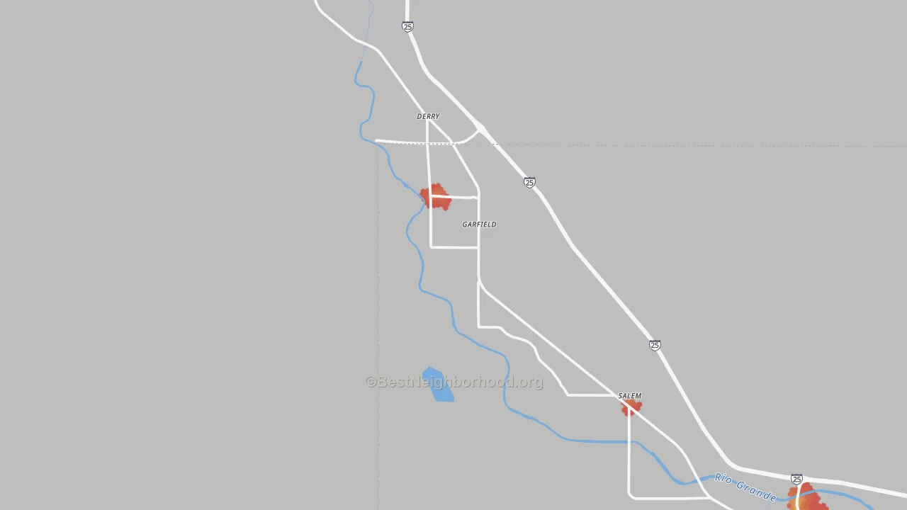 Walk Grade map of Garfield, NM, walkable areas in green and car-dependent areas in red