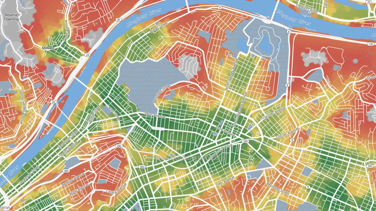 Walk Grade map of Garfield, Pittsburgh, PA, walkable areas in green and car-dependent areas in red