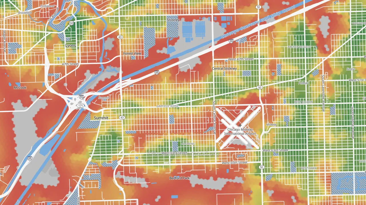 Walk Grade map of Garfield Ridge, Chicago, IL, walkable areas in green and car-dependent areas in red