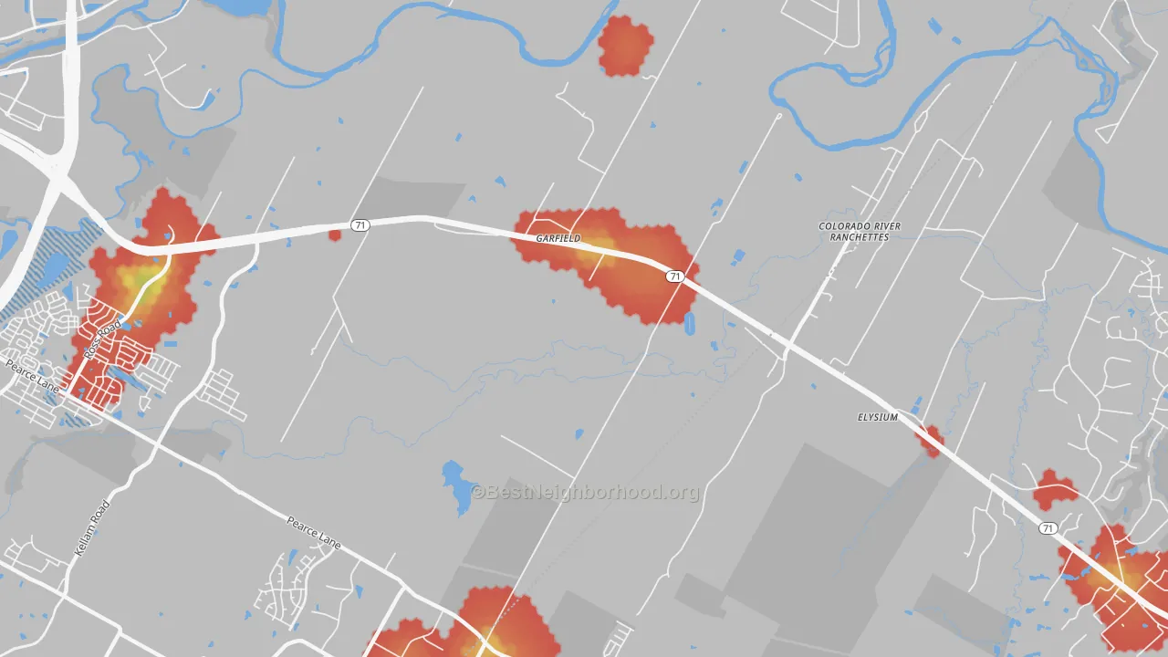 Walk Grade map of Garfield, TX, walkable areas in green and car-dependent areas in red
