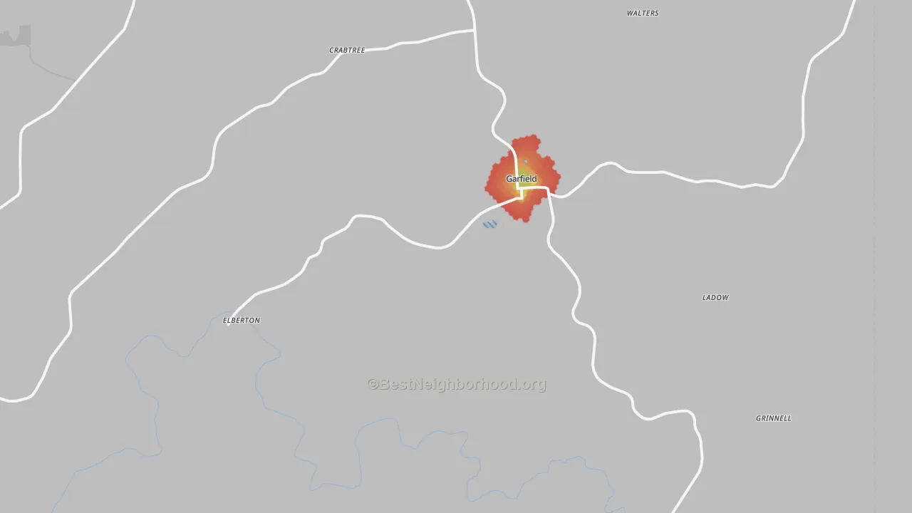 Walk Grade map of Garfield, WA, walkable areas in green and car-dependent areas in red