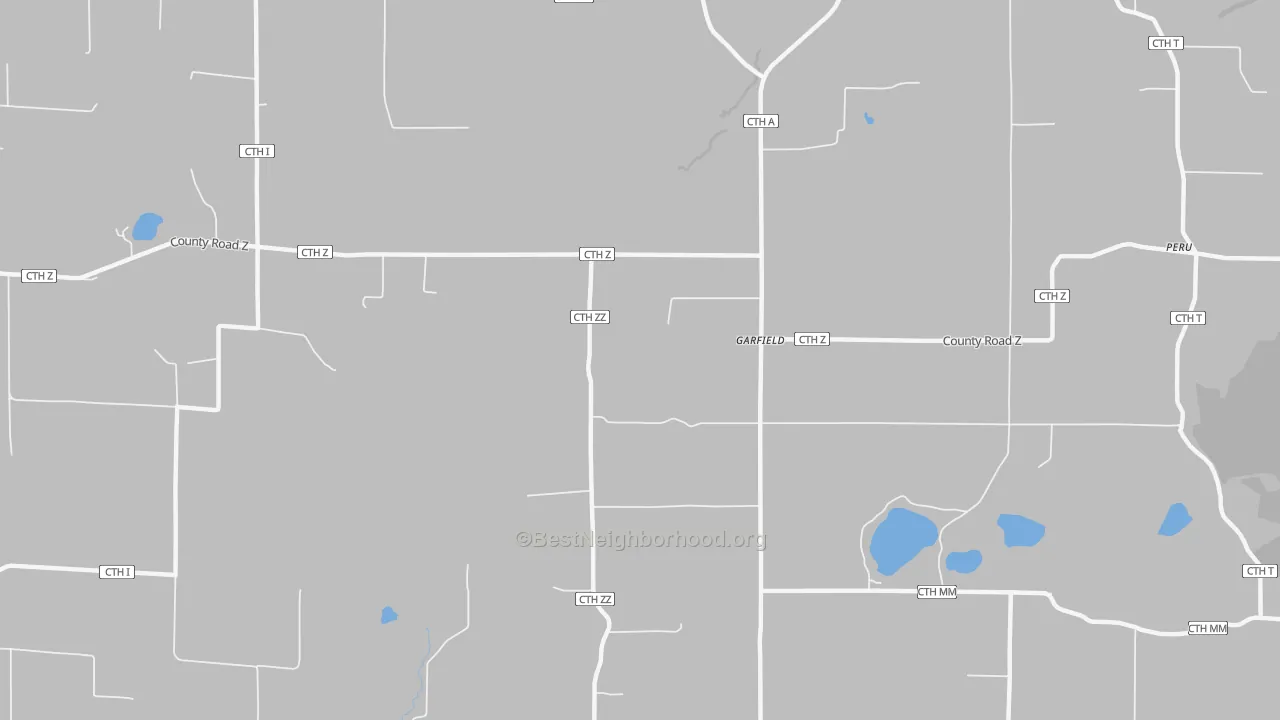 Walk Grade map of Garfield, WI, walkable areas in green and car-dependent areas in red