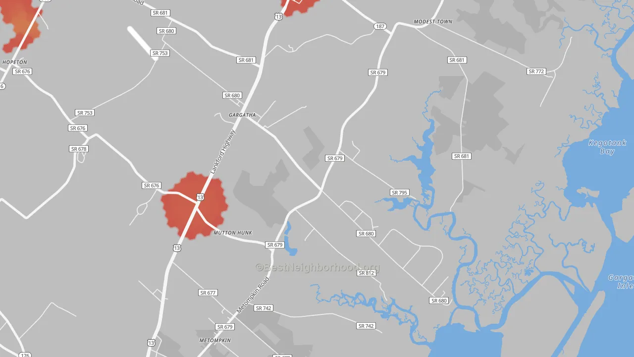 Walk Grade map of Gargatha, VA, walkable areas in green and car-dependent areas in red