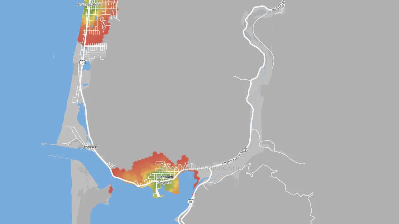 Walk Grade map of Garibaldi, OR, walkable areas in green and car-dependent areas in red