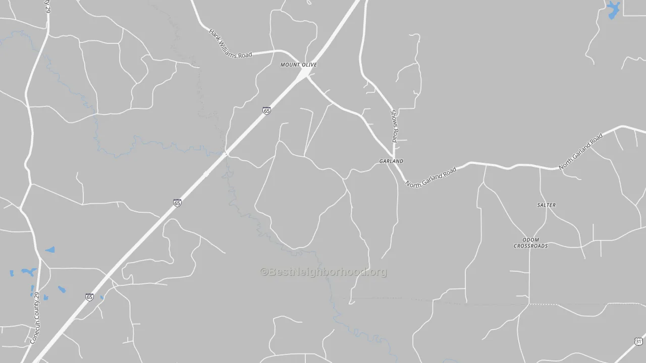 Walk Grade map of Garland, AL, walkable areas in green and car-dependent areas in red