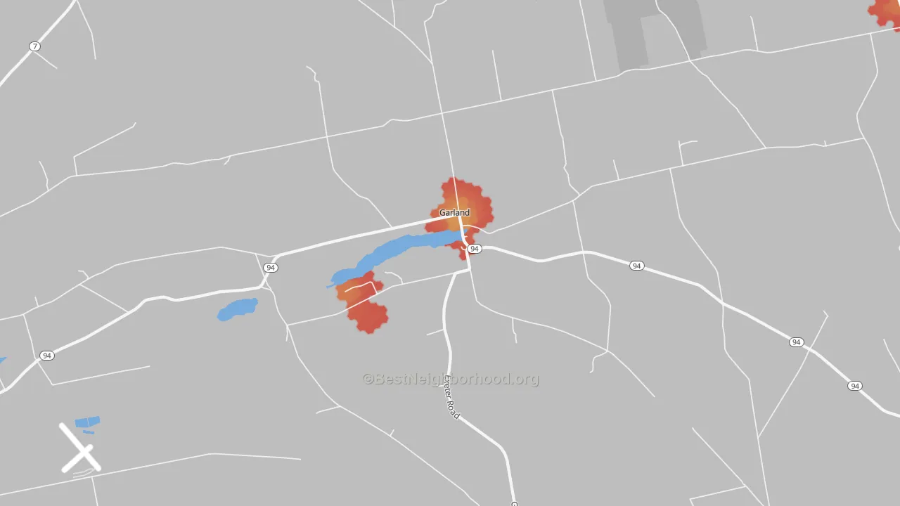 Walk Grade map of Garland, ME, walkable areas in green and car-dependent areas in red