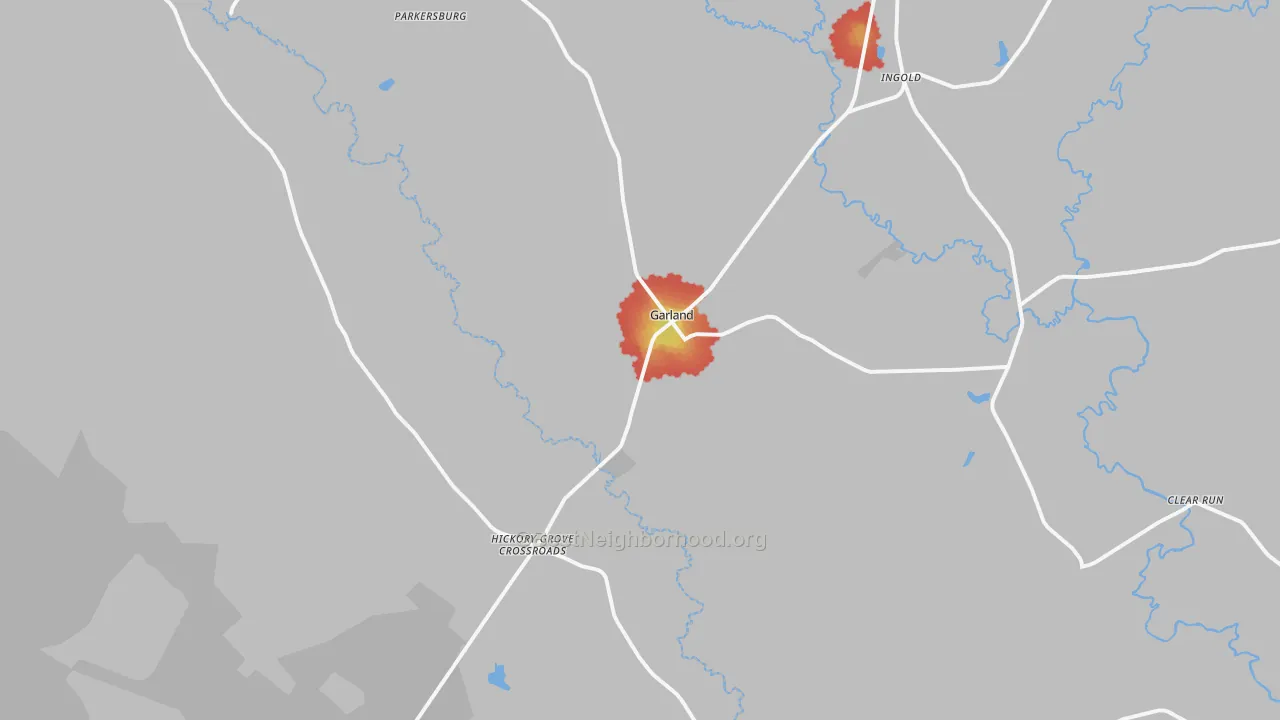 Walk Grade map of Garland, NC, walkable areas in green and car-dependent areas in red