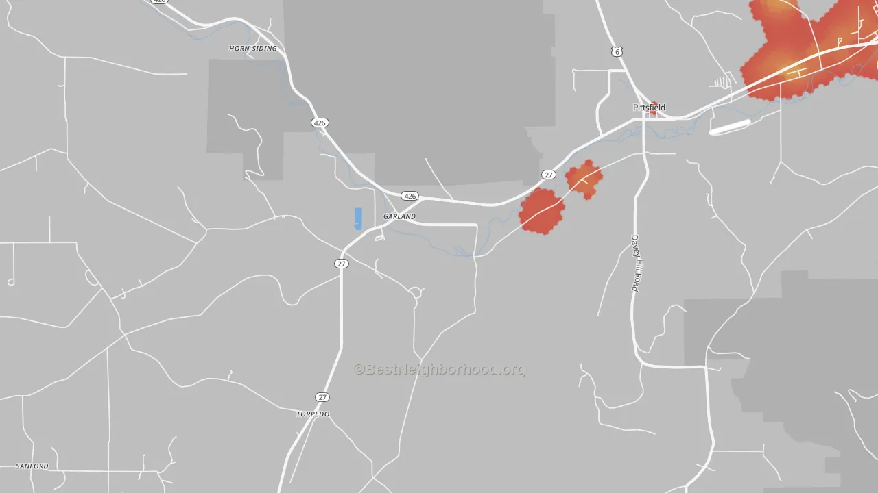Walk Grade map of Garland, PA, walkable areas in green and car-dependent areas in red
