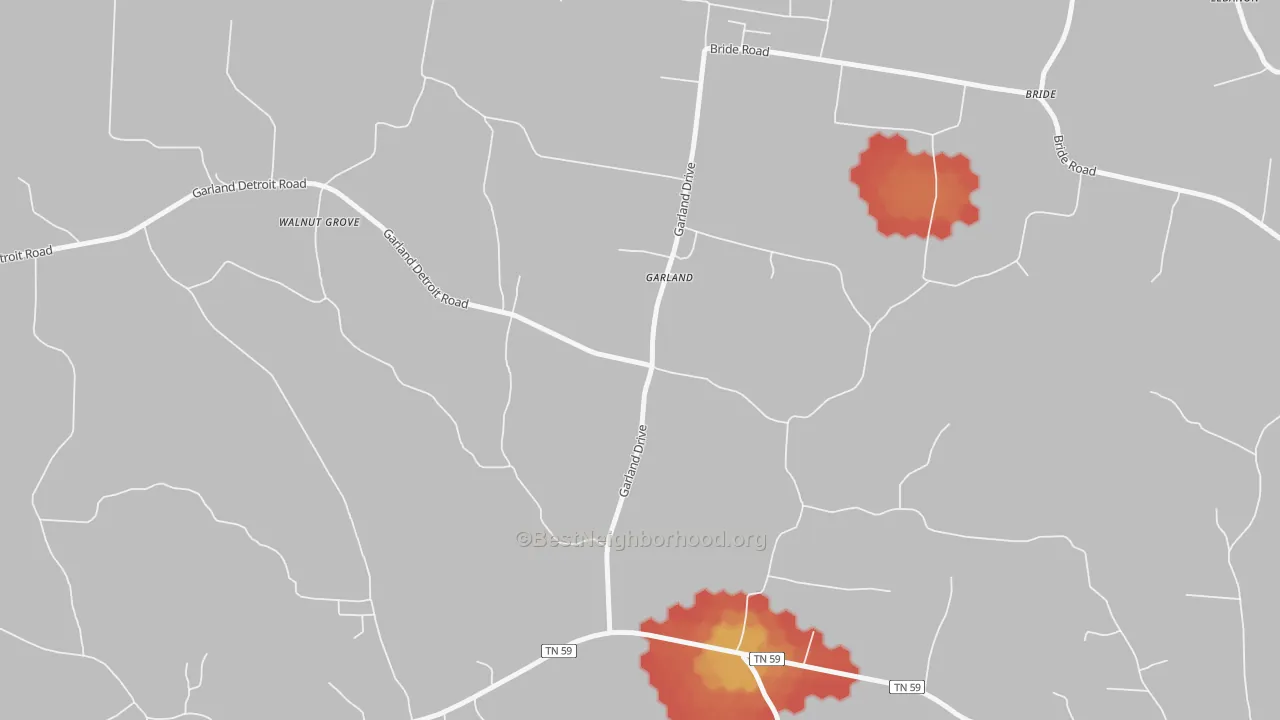Walk Grade map of Garland, TN, walkable areas in green and car-dependent areas in red