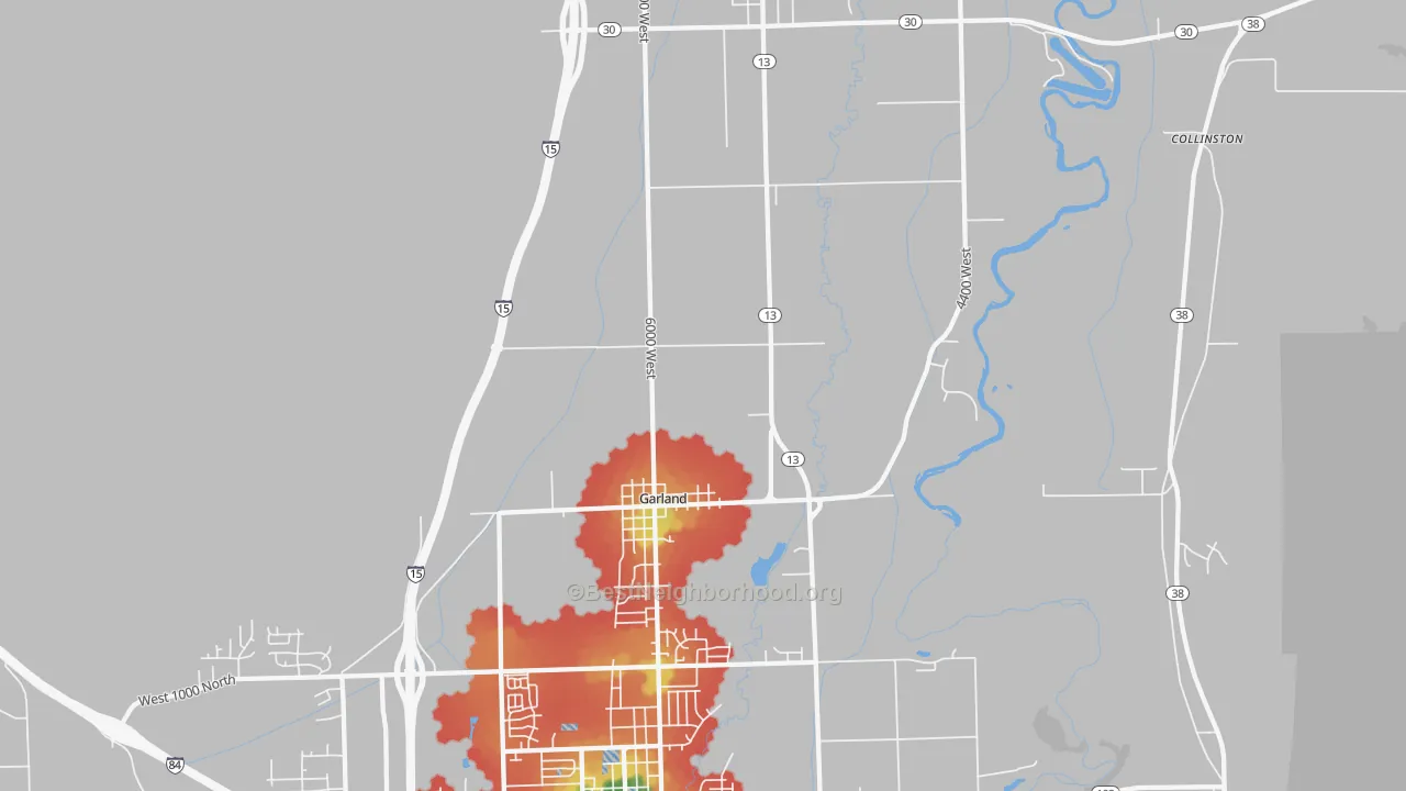 Walk Grade map of Garland, UT, walkable areas in green and car-dependent areas in red