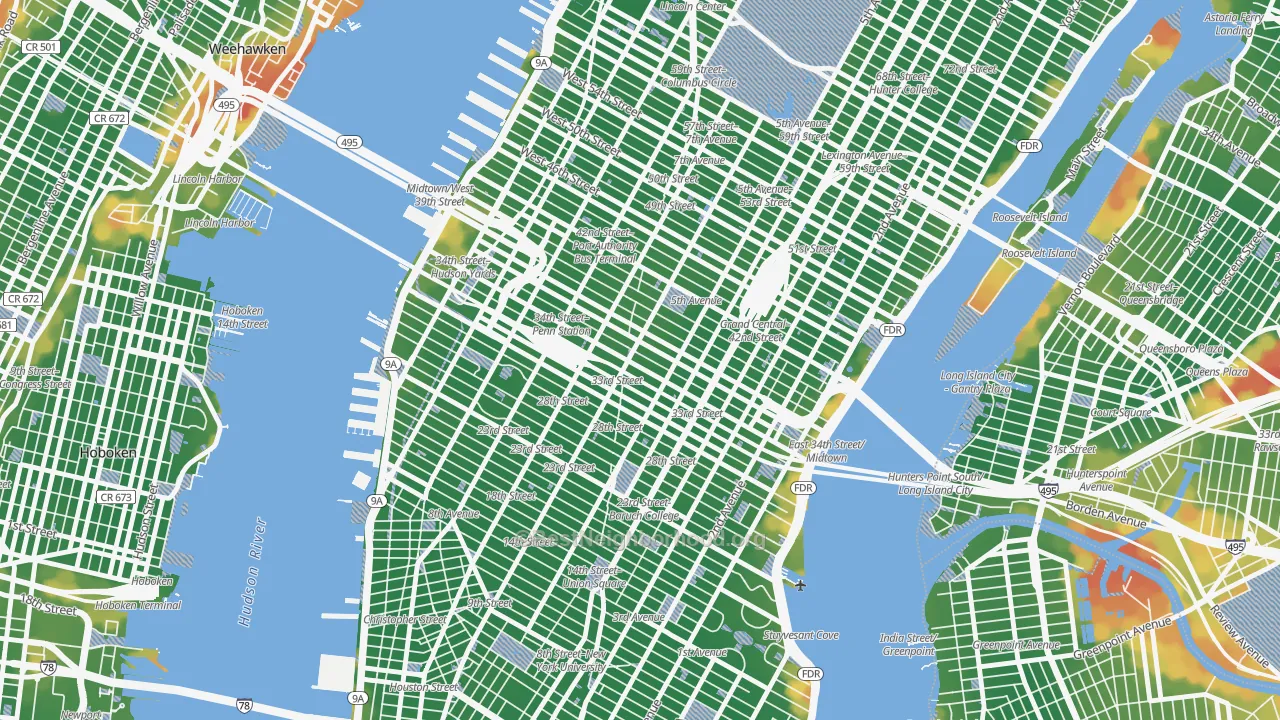Walk Grade map of Garment District, Manhattan, NY, walkable areas in green and car-dependent areas in red