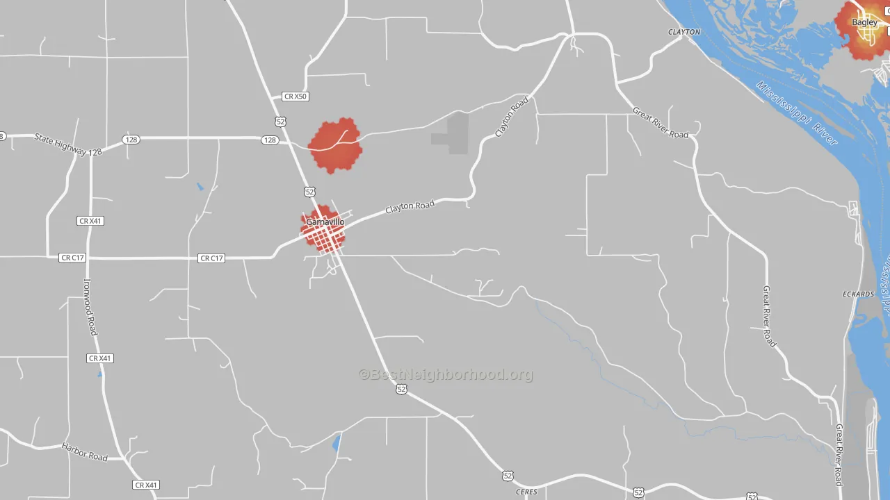 Walk Grade map of Garnavillo, IA, walkable areas in green and car-dependent areas in red