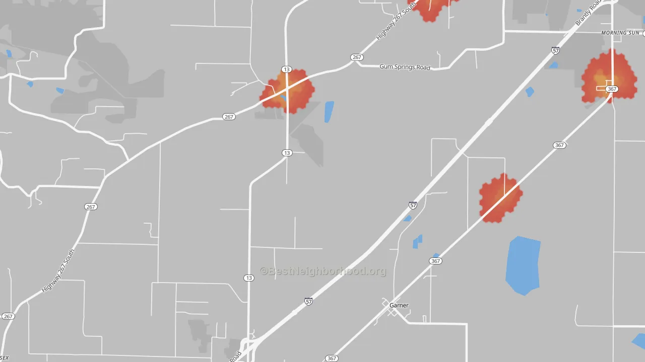Walk Grade map of Garner, AR, walkable areas in green and car-dependent areas in red