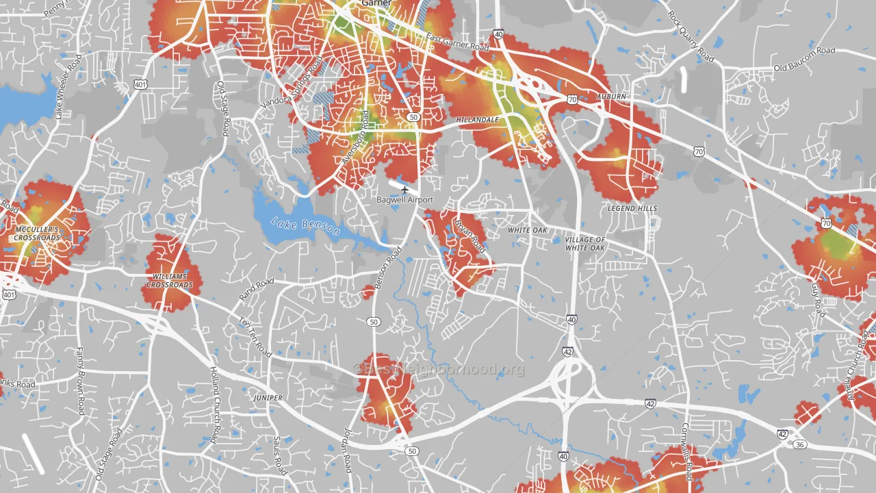 Walk Grade map of Garner, NC, walkable areas in green and car-dependent areas in red