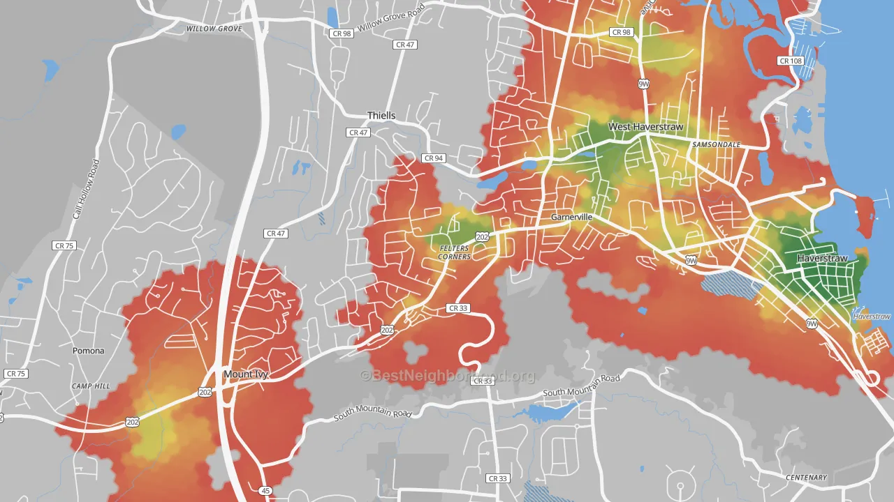 Walk Grade map of Garnerville, NY, walkable areas in green and car-dependent areas in red
