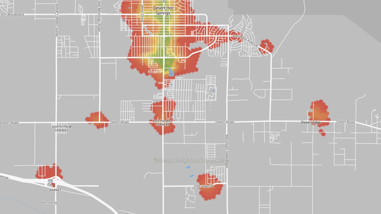 Walk Grade map of Garnet, CA, walkable areas in green and car-dependent areas in red