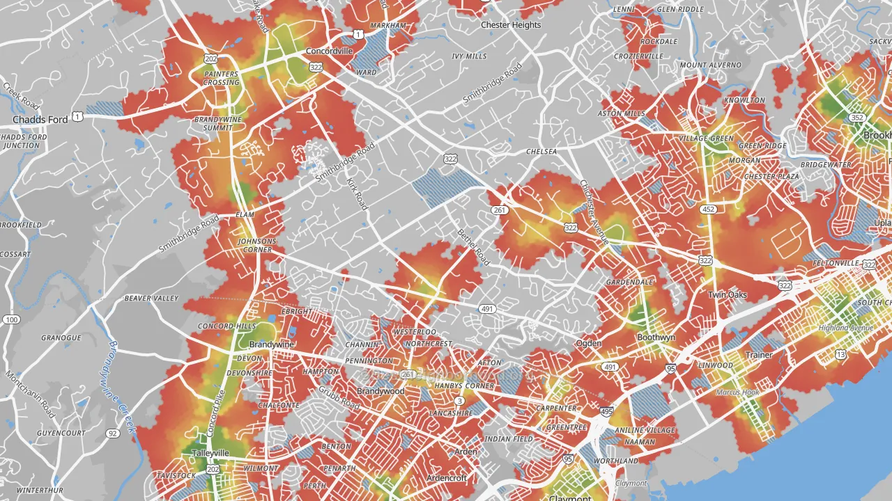 Walk Grade map of Garnet Valley, PA, walkable areas in green and car-dependent areas in red