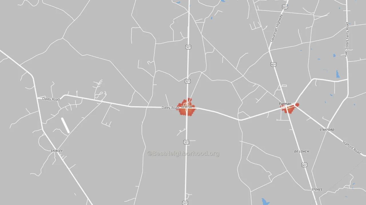 Walk Grade map of Garnett, SC, walkable areas in green and car-dependent areas in red