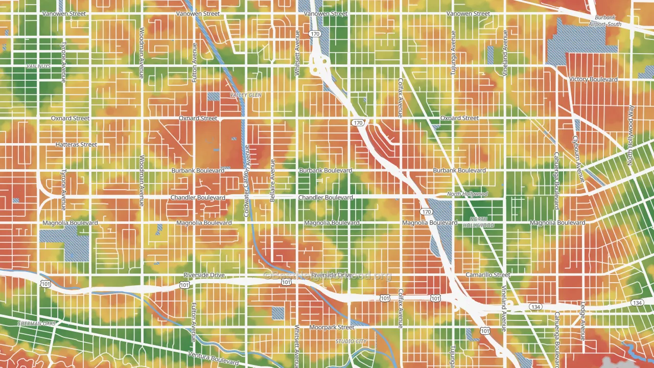 Walk Grade map of Garnsey, Valley Village, CA, walkable areas in green and car-dependent areas in red