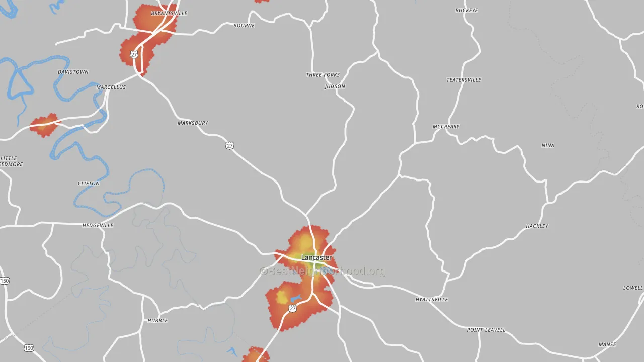 Walk Grade map of Garrard County, KY, walkable areas in green and car-dependent areas in red