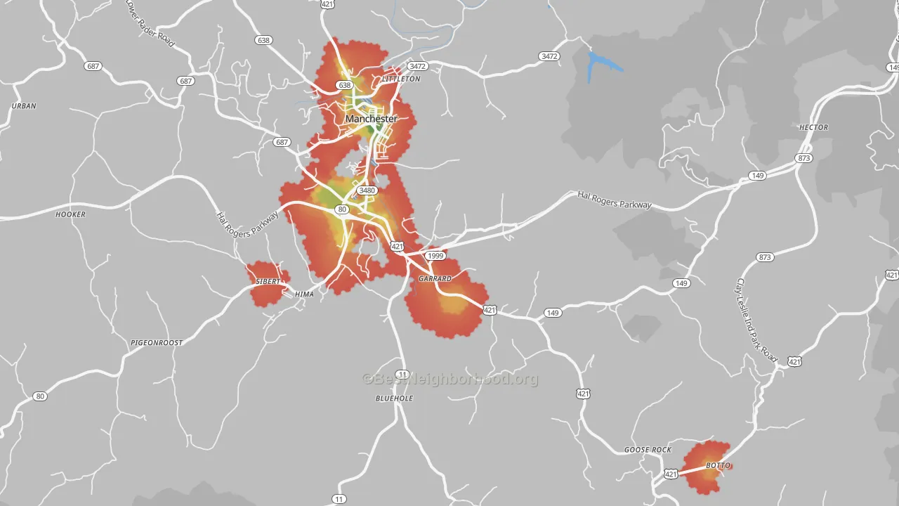 Walk Grade map of Garrard, KY, walkable areas in green and car-dependent areas in red