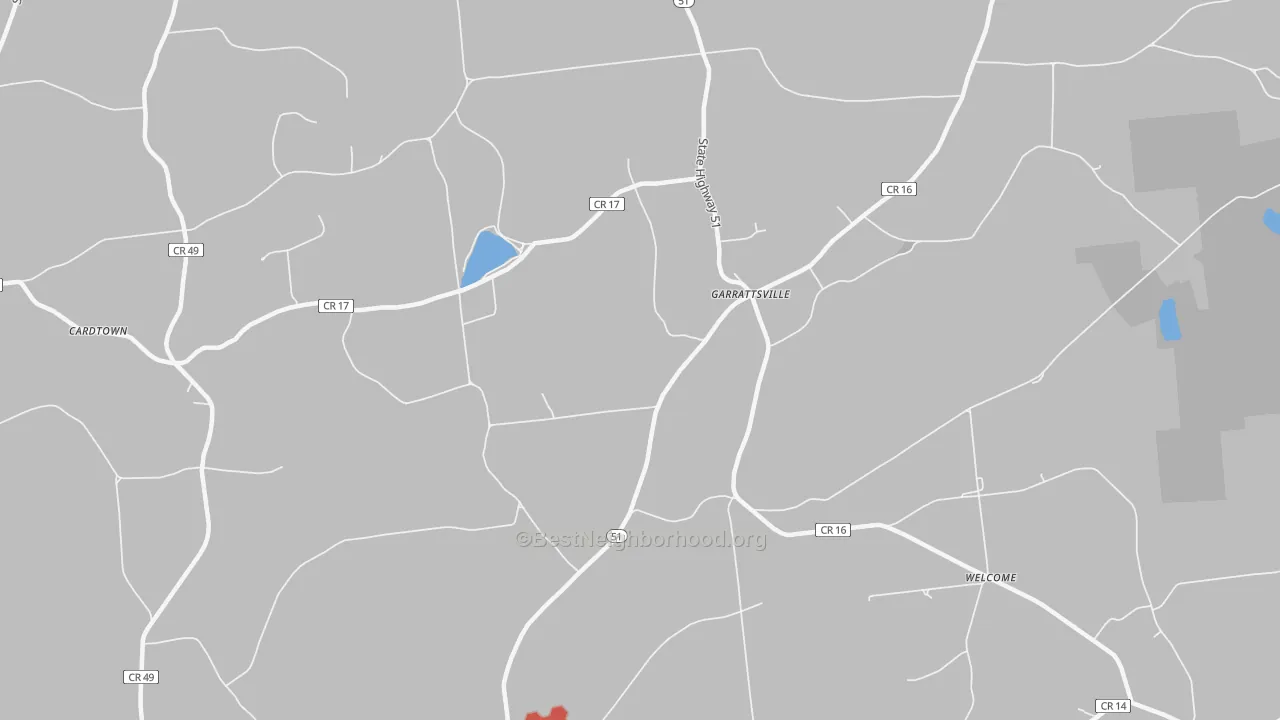 Walk Grade map of Garrattsville, NY, walkable areas in green and car-dependent areas in red