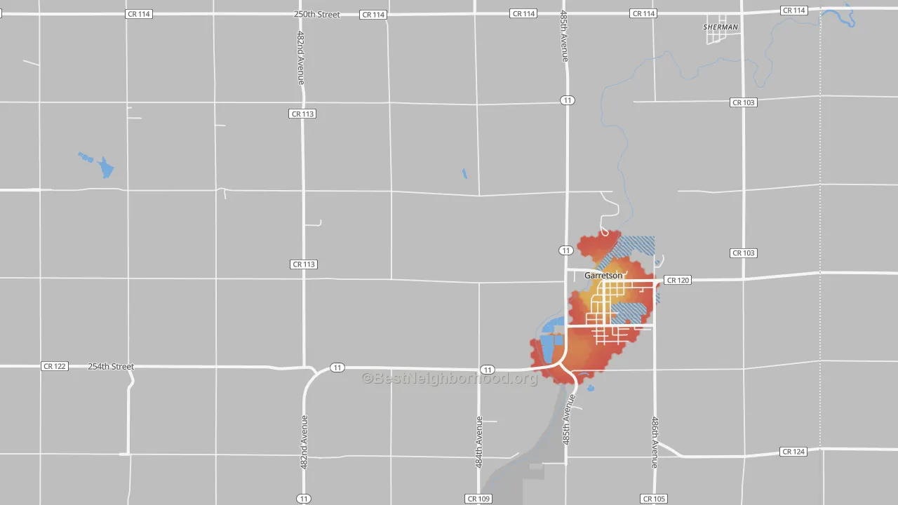 Walk Grade map of Garretson, SD, walkable areas in green and car-dependent areas in red