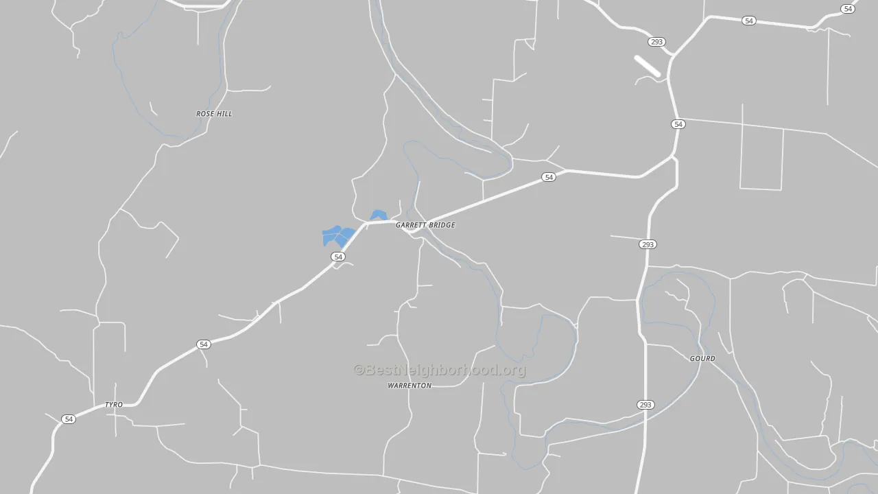 Walk Grade map of Garrett Bridge, AR, walkable areas in green and car-dependent areas in red