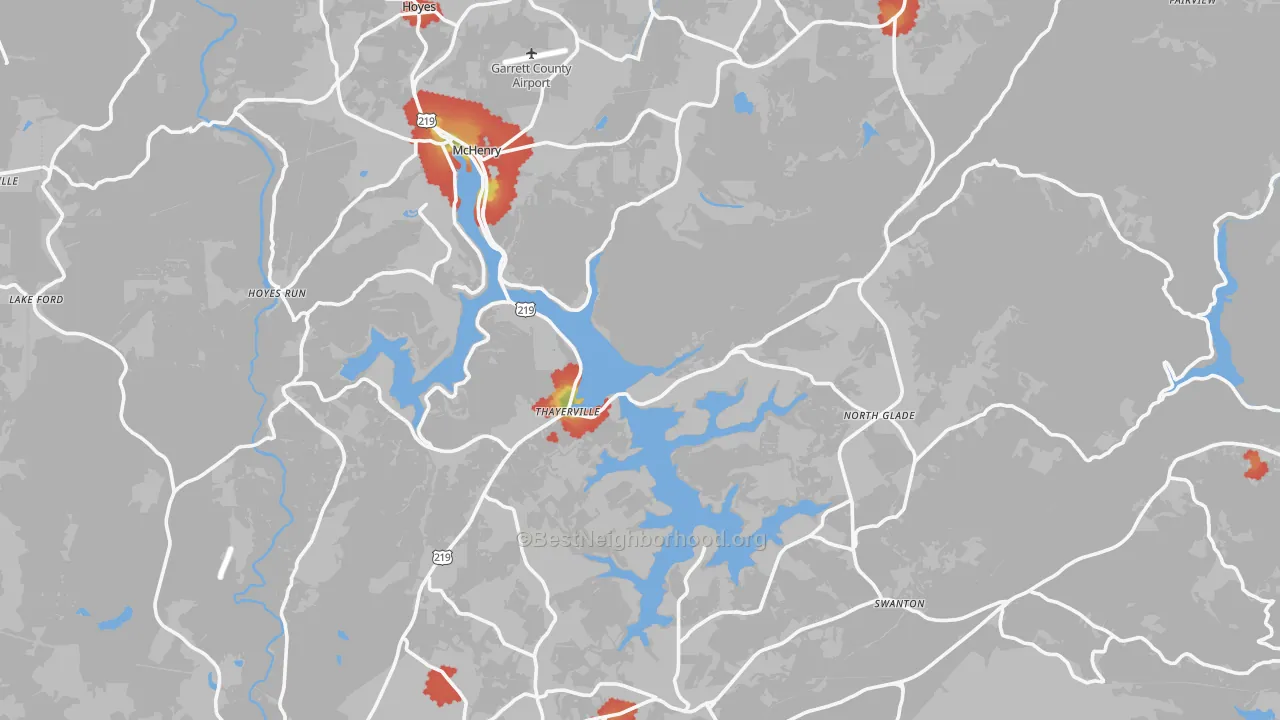 Walk Grade map of Garrett County, MD, walkable areas in green and car-dependent areas in red