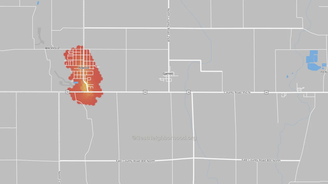 Walk Grade map of Garrett, IL, walkable areas in green and car-dependent areas in red