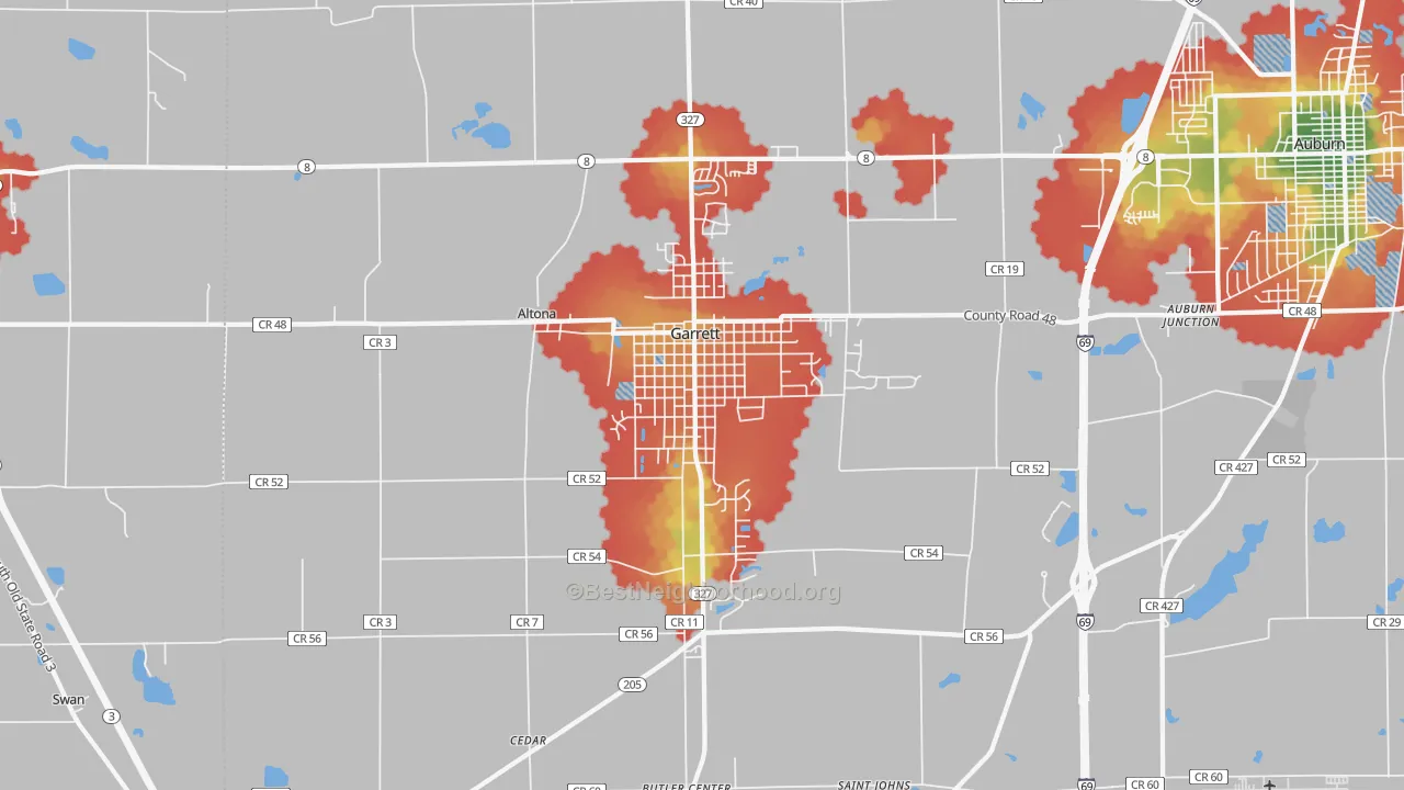 Walk Grade map of Garrett, IN, walkable areas in green and car-dependent areas in red