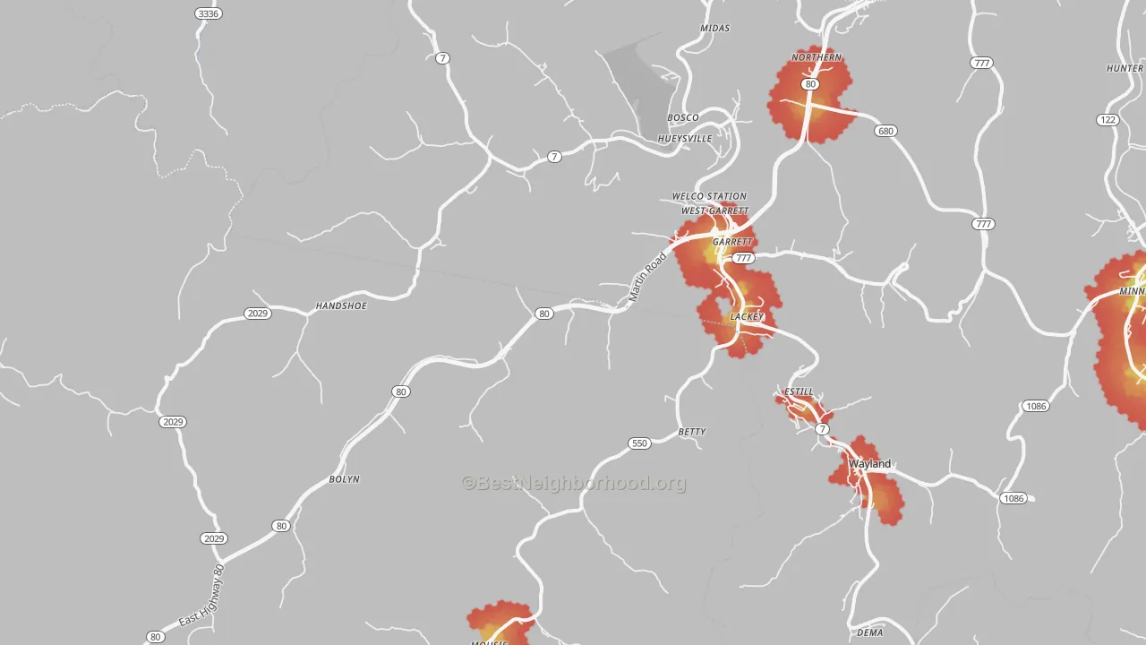 Walk Grade map of Garrett, KY, walkable areas in green and car-dependent areas in red