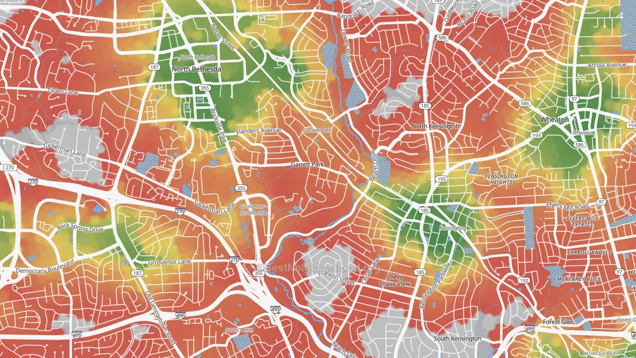 Walk Grade map of Garrett Park, MD, walkable areas in green and car-dependent areas in red