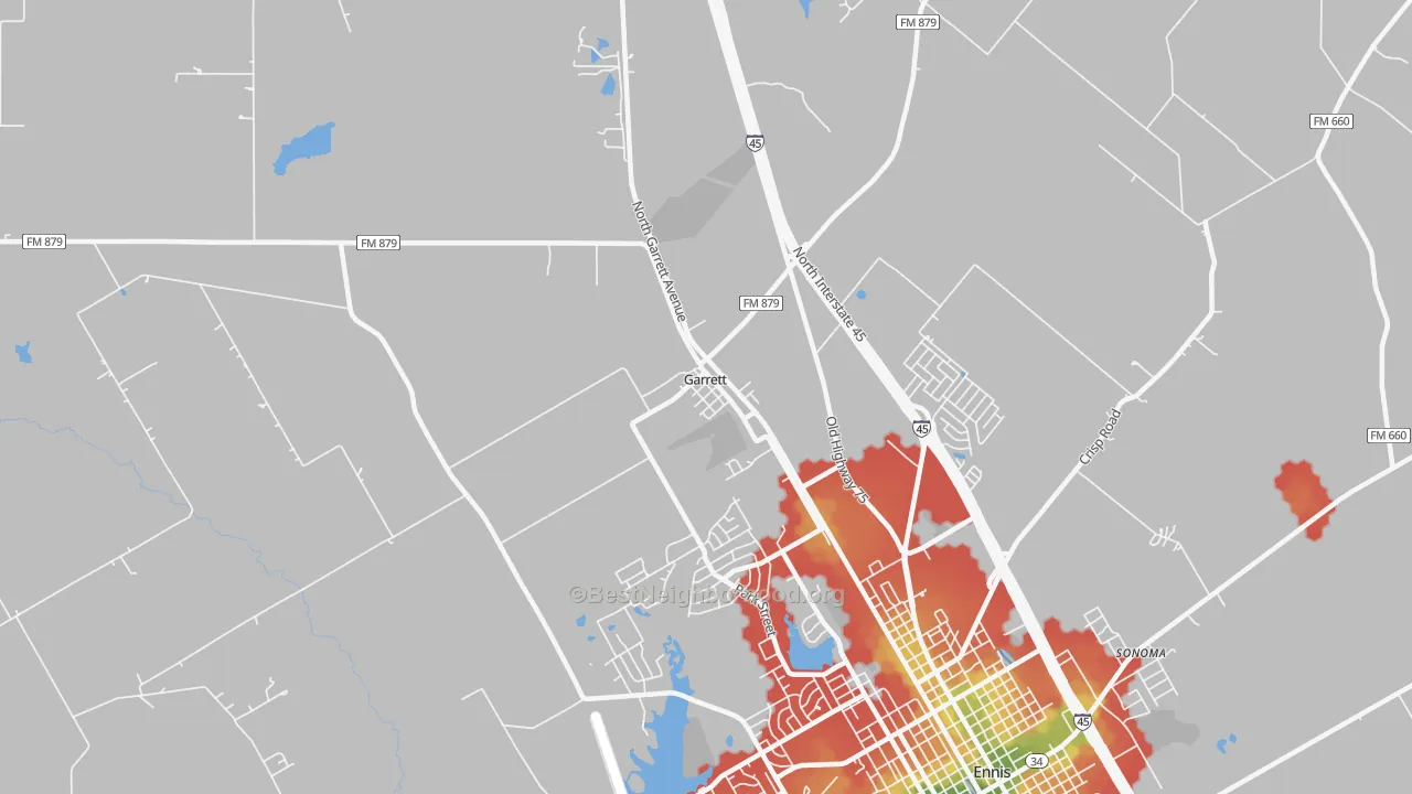 Walk Grade map of Garrett, TX, walkable areas in green and car-dependent areas in red