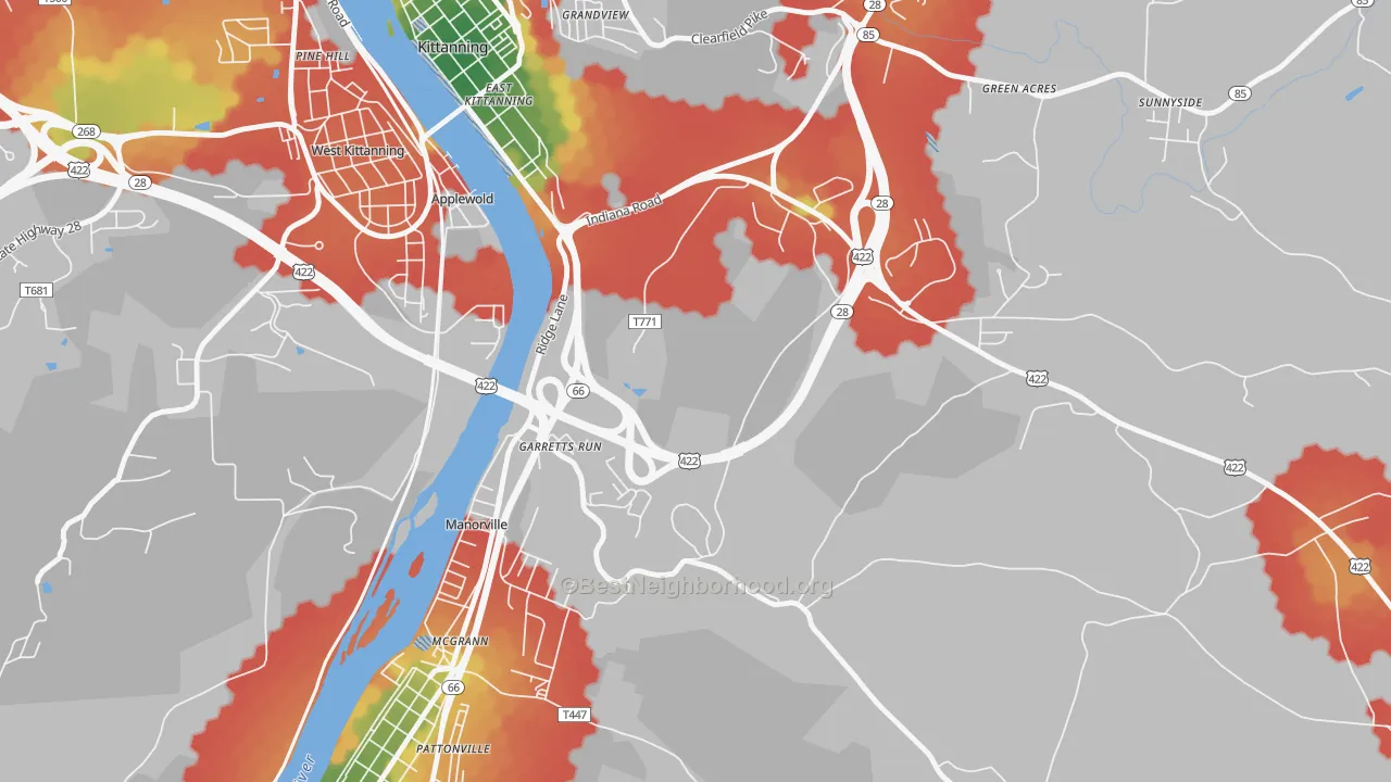 Walk Grade map of Garretts Run, PA, walkable areas in green and car-dependent areas in red